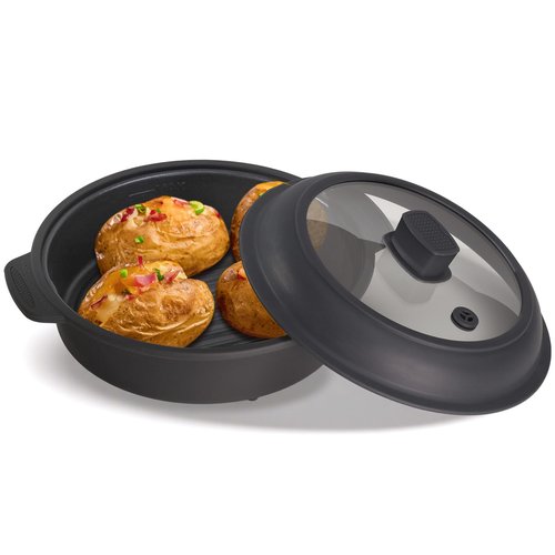 Microwave Grill Pan, Fry Griddle Crisper Pan with Lid for Grilling Browning and Crisping Foods Microwave Silicone Cookware for Baked Potato Meat Sandwich Vegetable Dark Grey