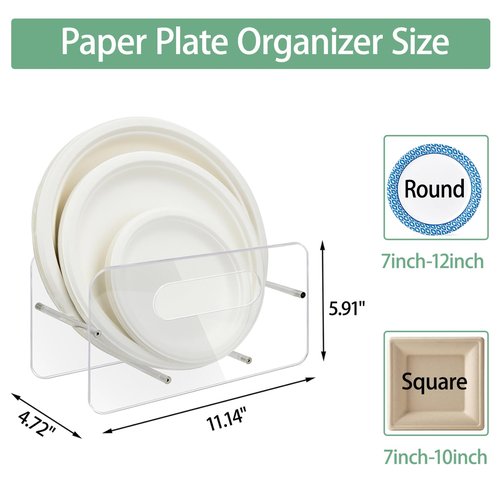 Beitiny Paper Plate Dispenser, Acrylic Plastic Plate Holders, 7-12 Inch Disposable Plates Storage Organizer Rack for Cabinet, Countertop, Counter, Kitchen, 1 Pack