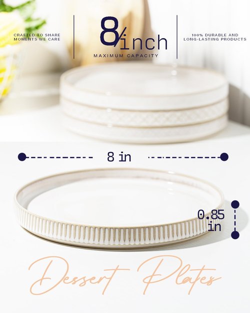 getstar 8” Ceramic Dinner Plates, Set of 4, Microwave & Dishwasher Safe, Salad Pasta Deep Plates with Embossments Set of 4