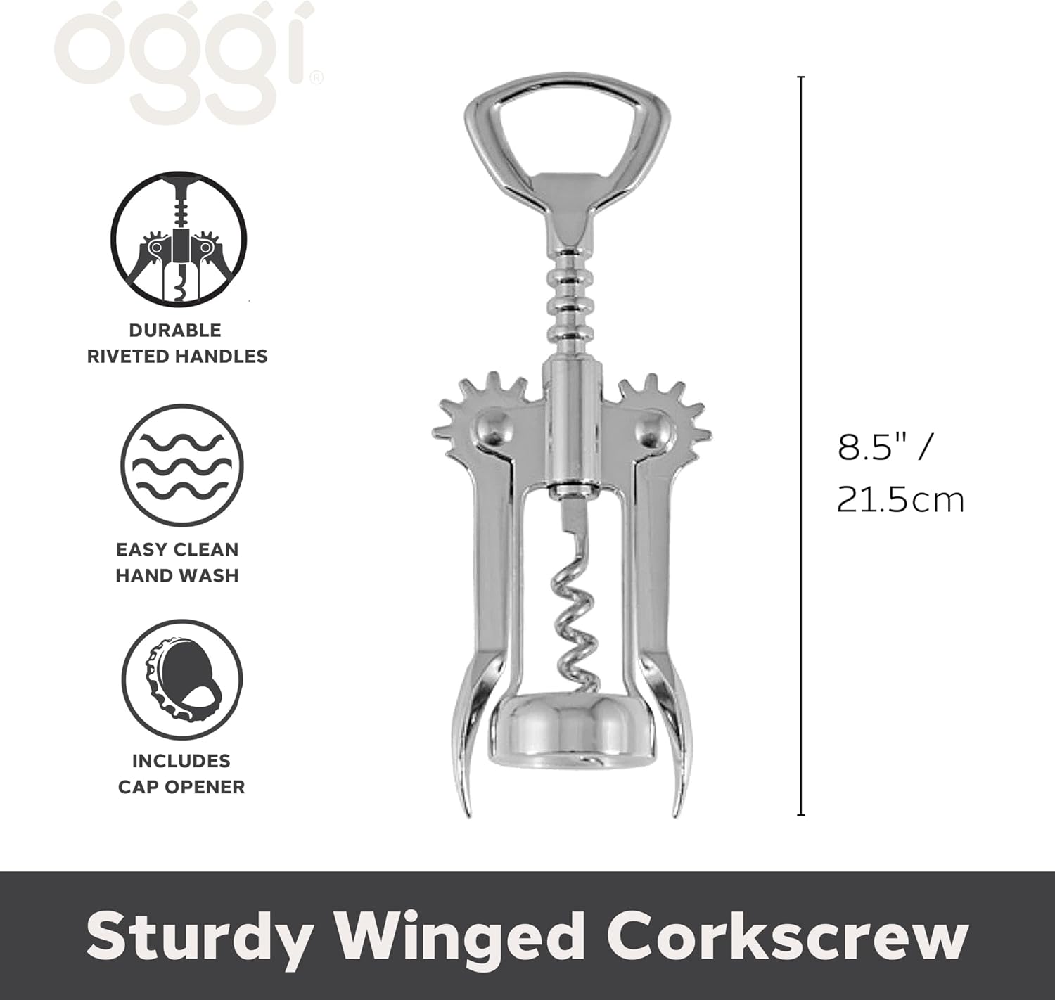 OGGI Wine Opener, Wing Corkscrew, Metal Manual Wine Bottle Opener, Multifunctional Cork Screw for Home & Waiters with Beer Bottle Opener, Durable Design