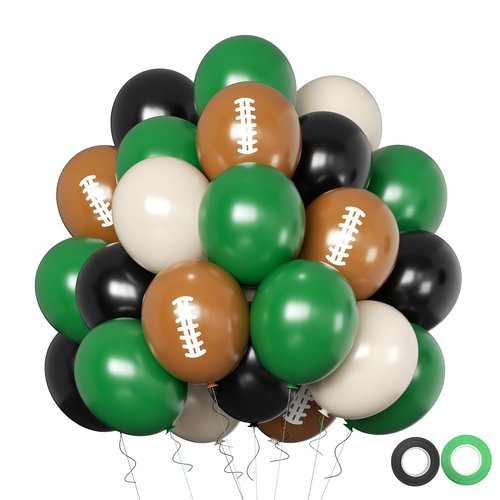 Football Balloons, 12 Inch Dark Green Black Sand with Brown Printed Sports Latex Balloon for Football Sport Themed Birthday Party Decor Baby Shower Decorations Supplies