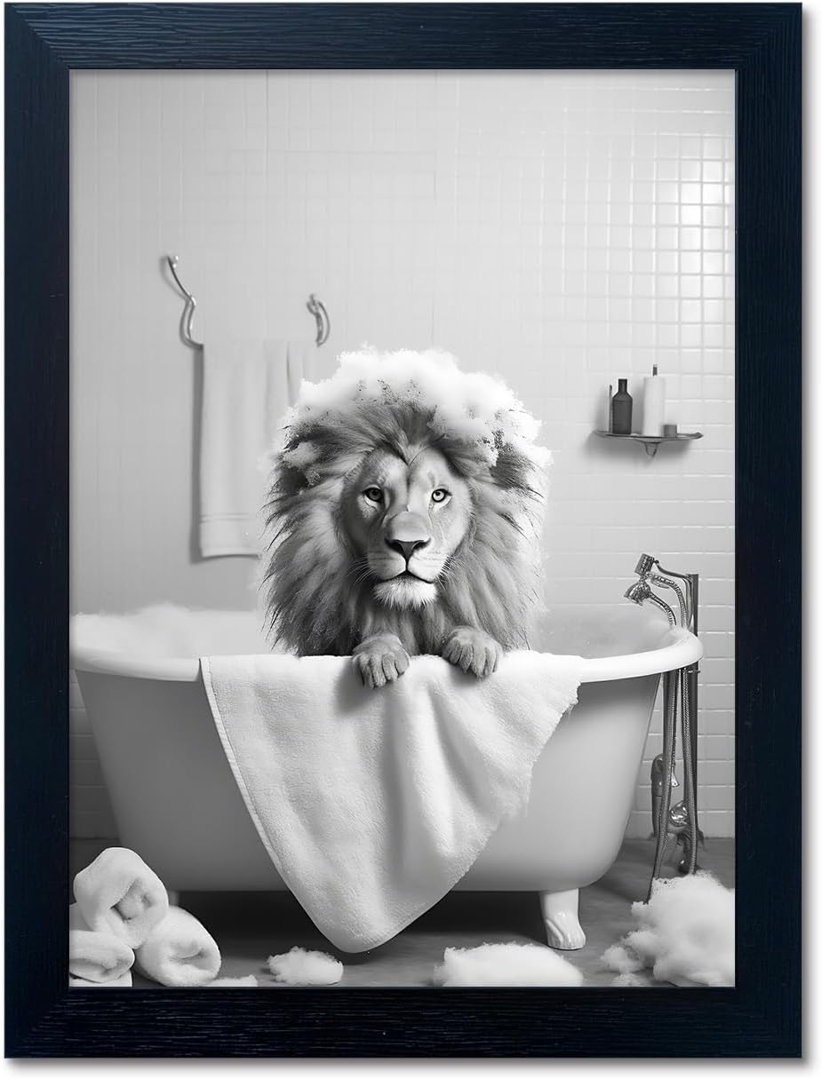 Regine Switzerland Lion Canvas Wall Art - Funny Black and White Animal Print for Bathroom Decor
