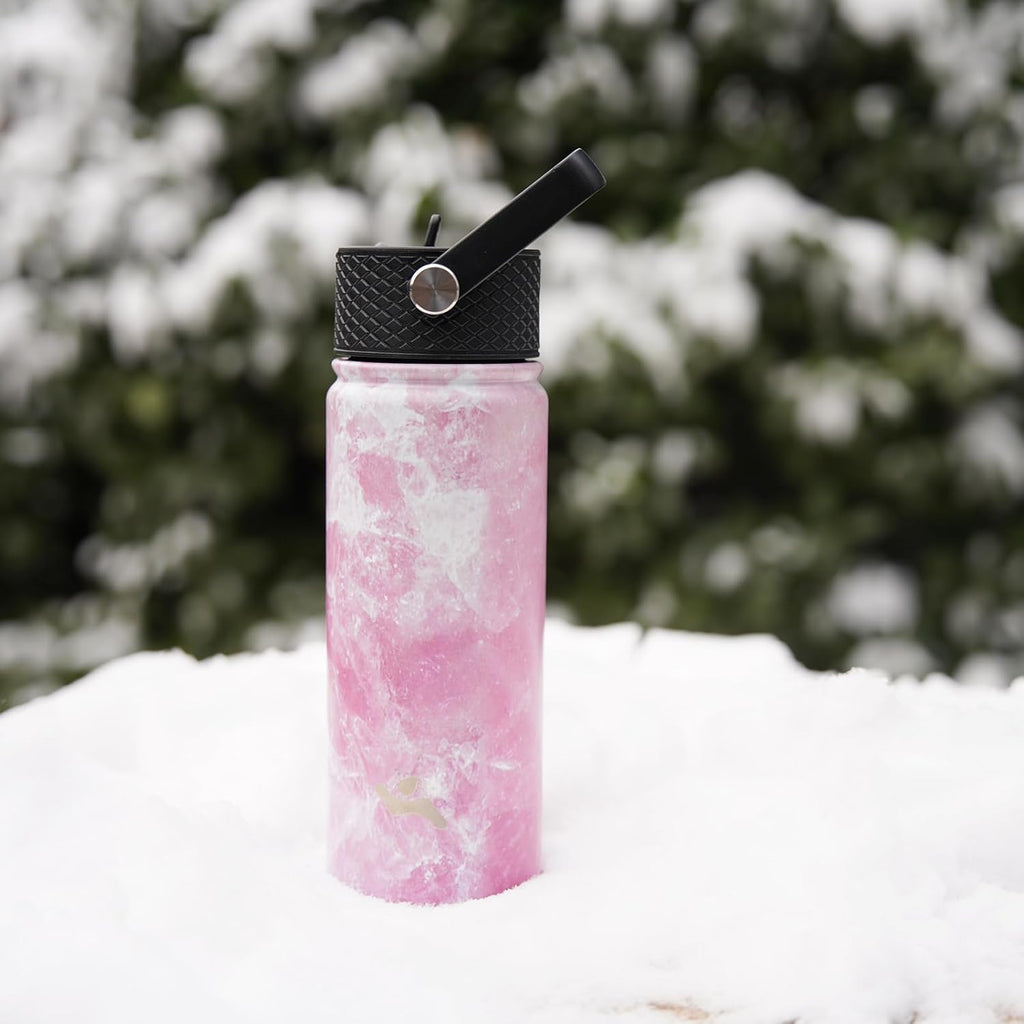 Skiennix 22oz Stainless Steel Water Bottle - Insulated with 3 Lids | Marble Blossom Design