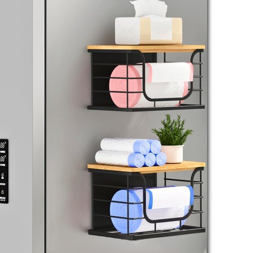 Magnetic Shelf for Fridge Trash Bag Organizer, 2 Pack Stackable Garbage Bag Holder with Bamboo Lid, Magnetic Storage Bin for Refrigerator, Under Sink, Kitchen, Pantry, Small Space Organization – Black
