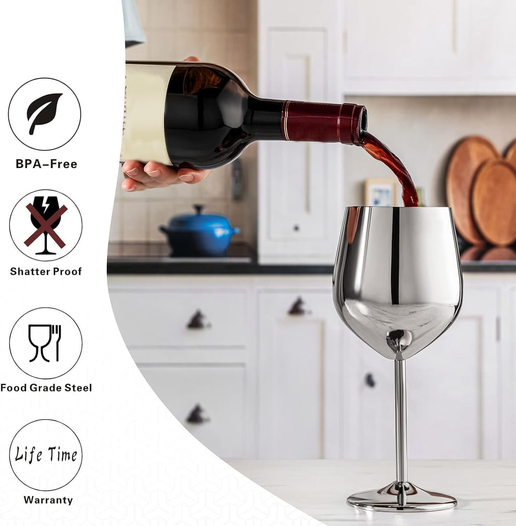 WOTOR Stainless Steel Wine Glasses Set of 4, 18oz Unbreakable Metal Wine Glass, Fancy, Unique Wine Goblets for Outdoor, Travel, Camping and Pool, Ideal Gift for Wine Lovers (Silver)