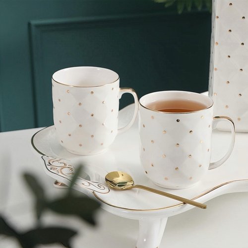 ASGDPGO 8-Piece Gold Dot Ceramic Royal Set for Home Use Wedding Gift with 6 Mugs Teapot and Tray for Afternoon Tea or Coffee，Gold Dot White