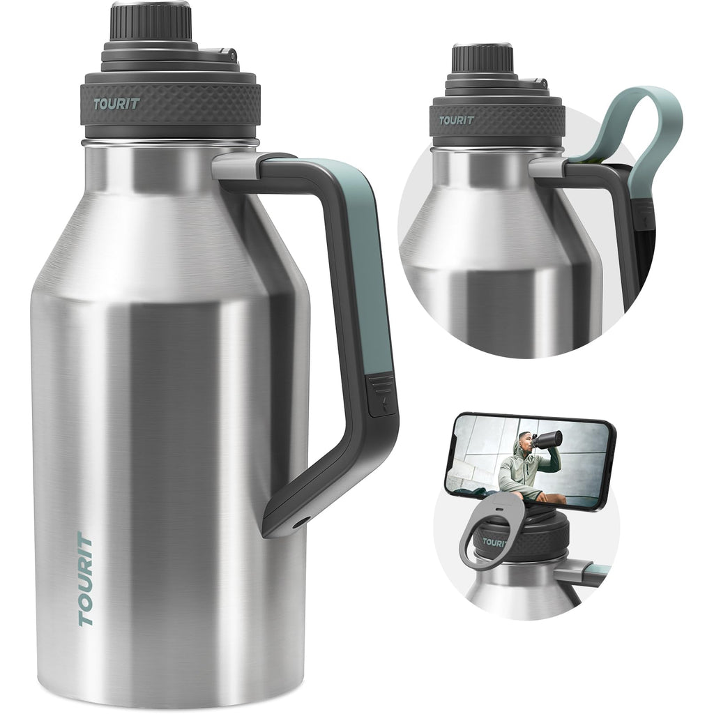 TOURIT 64oz Insulated Water Bottle Stainless Steel, Half Gallon Large Water Jug with 2-in-1 Handle, Double Wall Vacuum Metal Keep Cold & Hot, Wide Mouth Sport Water Flask For Gym, Travel, Silver