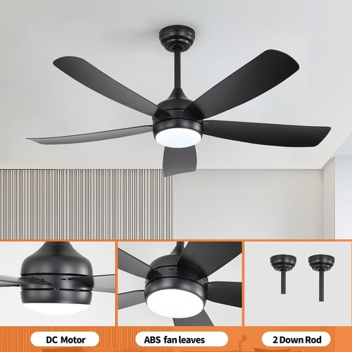 52 Inch Black Ceiling Fans with Lights, Modern Ceiling Fan with Remote Outdoor Ceiling Fan for Bedroom, Living Room, Flush Mount Memory Low Profile 3CCT LED Lights Kit, Easy and Fast Installation