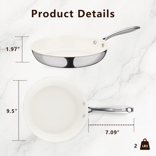 SAKAMOSH 9.5" Tri-Ply Stainless Steel Frying Pan, Nonstick Ceramic Pan, Skillet with Stay-Cool Handle, Non Toxic, PFAS PFOA PTFE Free, Dishwasher & Oven Safe, Induction, Compatible with All Cooktops