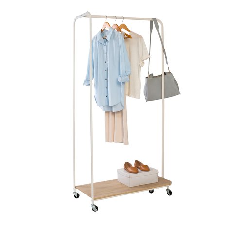 Honey-Can-Do Clothing Rack, Clothes Rack with Wood Shelf, Freestanding, Easy to Assemble Garment Rack, Standing Metal Sturdy, Small Space Storage Solution, with Shoe Storage and Wheels, White