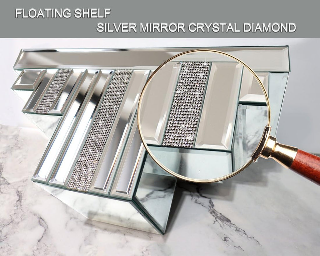 ST3000 Mirrored Floating Wall Shelf, Silver Mirror Crushed Diamond Decorative Wall Shelf for Home Decoration Crystal Diamond Art Décor Accent Piece Showcase, 14.3" L×5.5" W×7.6" H