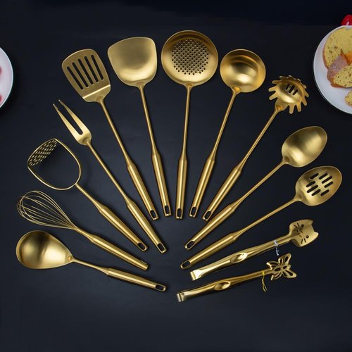 VALESKA 304 Stainless Steel Kitchen Utensils Set(Gold-13PCS),Include slotted spoon stainless steel, metal cooking slotted spoon, metal pasta spoon and etc,Easy to Clean