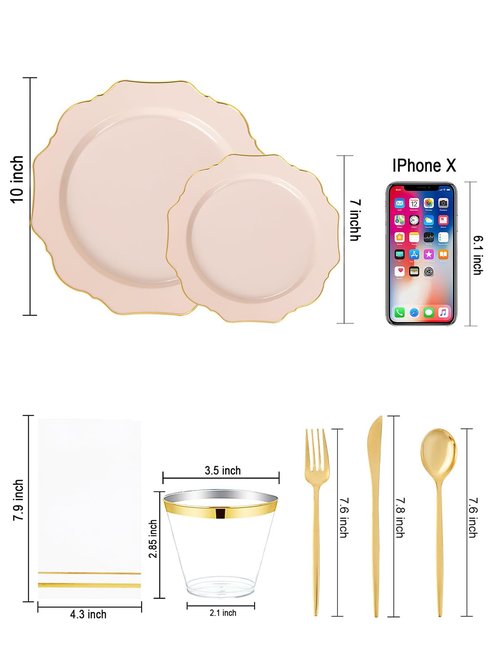 WDF 175Pcs Pink Plastic Plates - Pink and Gold Plates Disposable 25guest Plastic Dinnerware Ideal for Easter/Bridal Shower/Wedding/Baby Shower/Spring