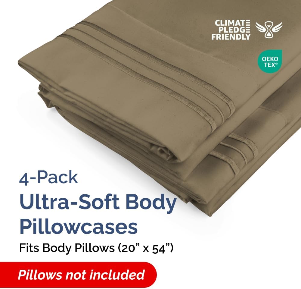 Skiennix Body Pillowcases Set of 4 | Soft & Breathable 20x54 Long Pillow Covers - Cozy Khaki, Machine Washable