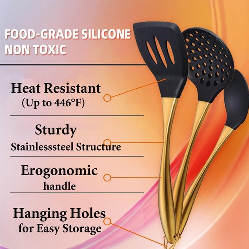 Kitchen Utensils Set, Large Non-stick Silicone Cooking Utensils Set 6 Pcs,Made of 446°F Heat Resistant Food Grade Silicone and Stainless Steel Handles,Easy to Clean Kitchen Gadgets Set (Gold)