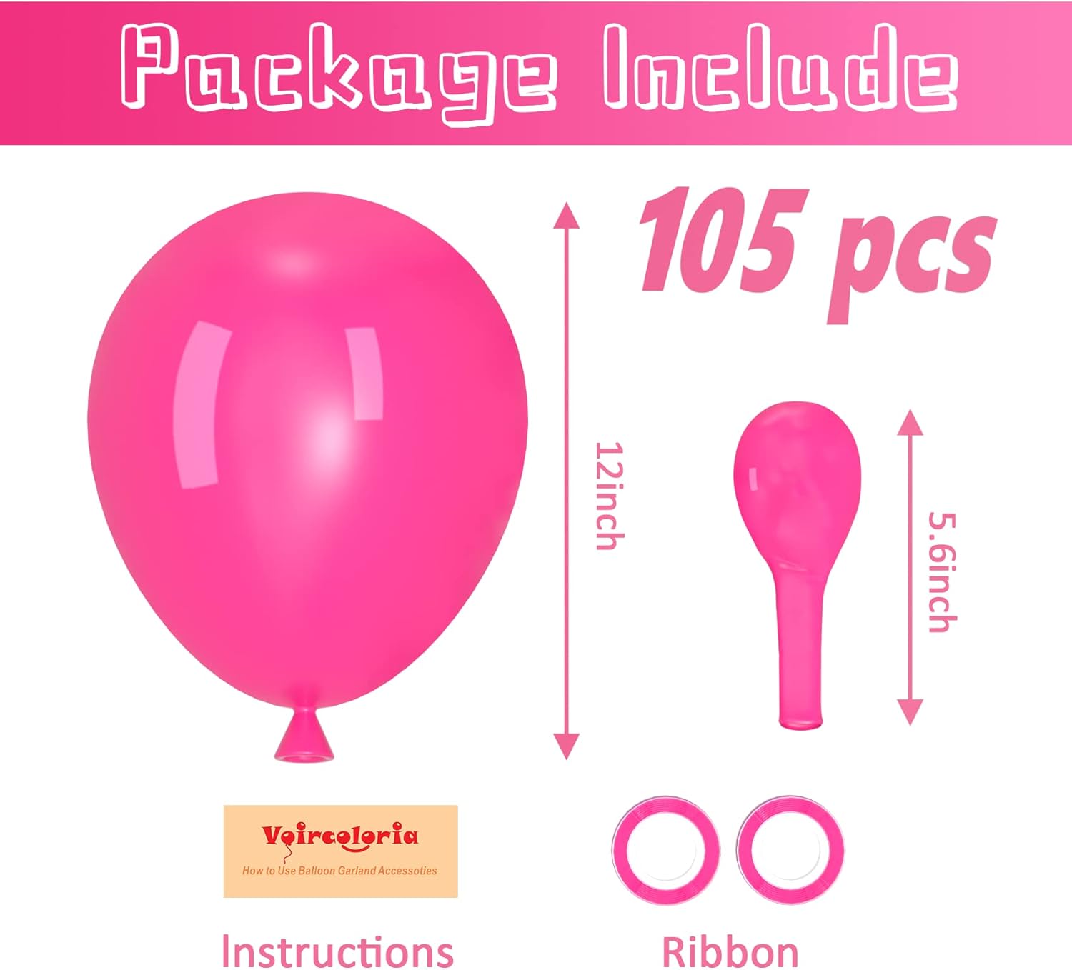 Voircoloria 105pcs Hot Pink Balloons - 12 Inch Dark Pink Party Decorations for Birthdays, Weddings & Anniversaries