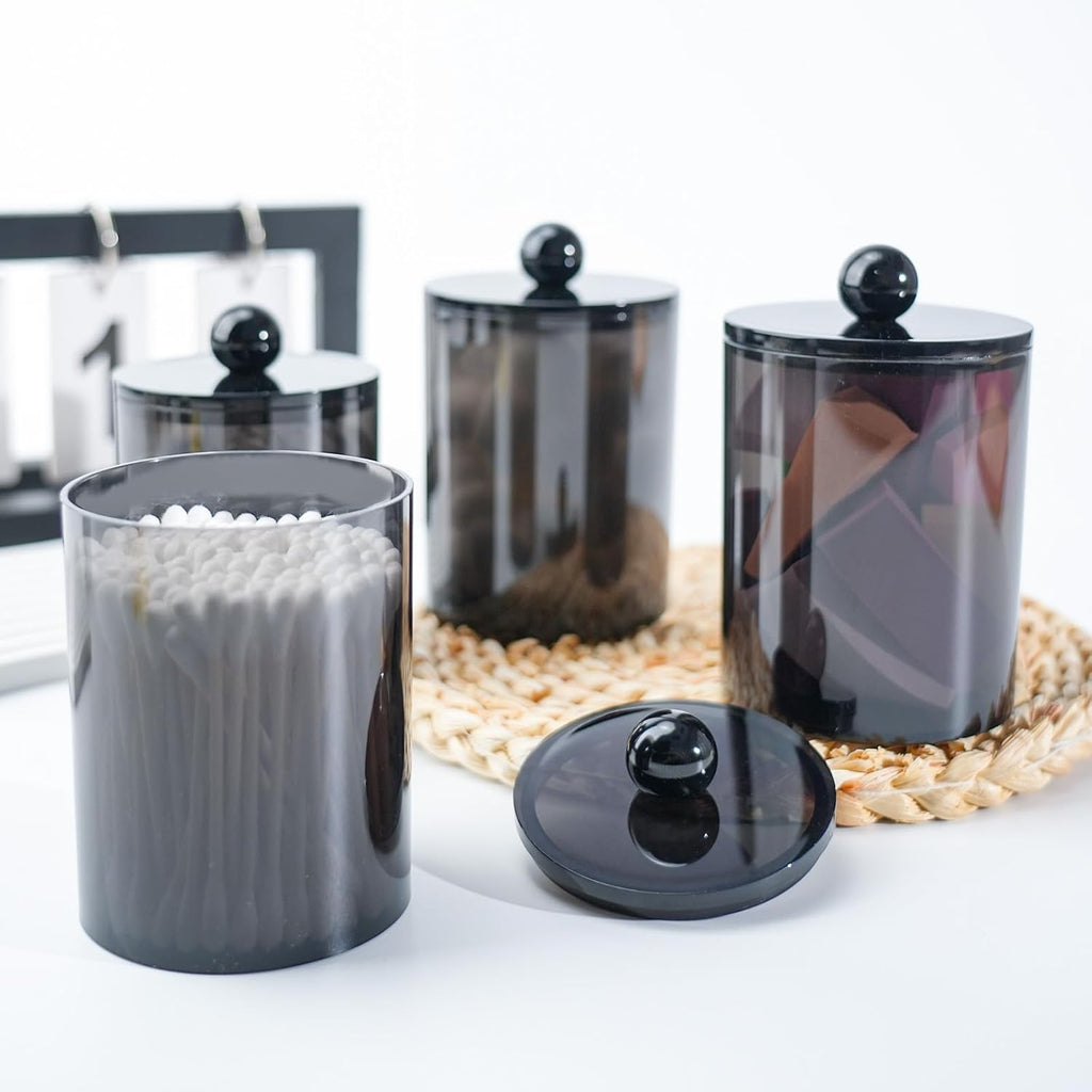 XIPENGKEJI Qtip Holder Set - Stylish Apothecary Jars with Lids for Bathroom Organization | 10oz-12oz Black Canisters