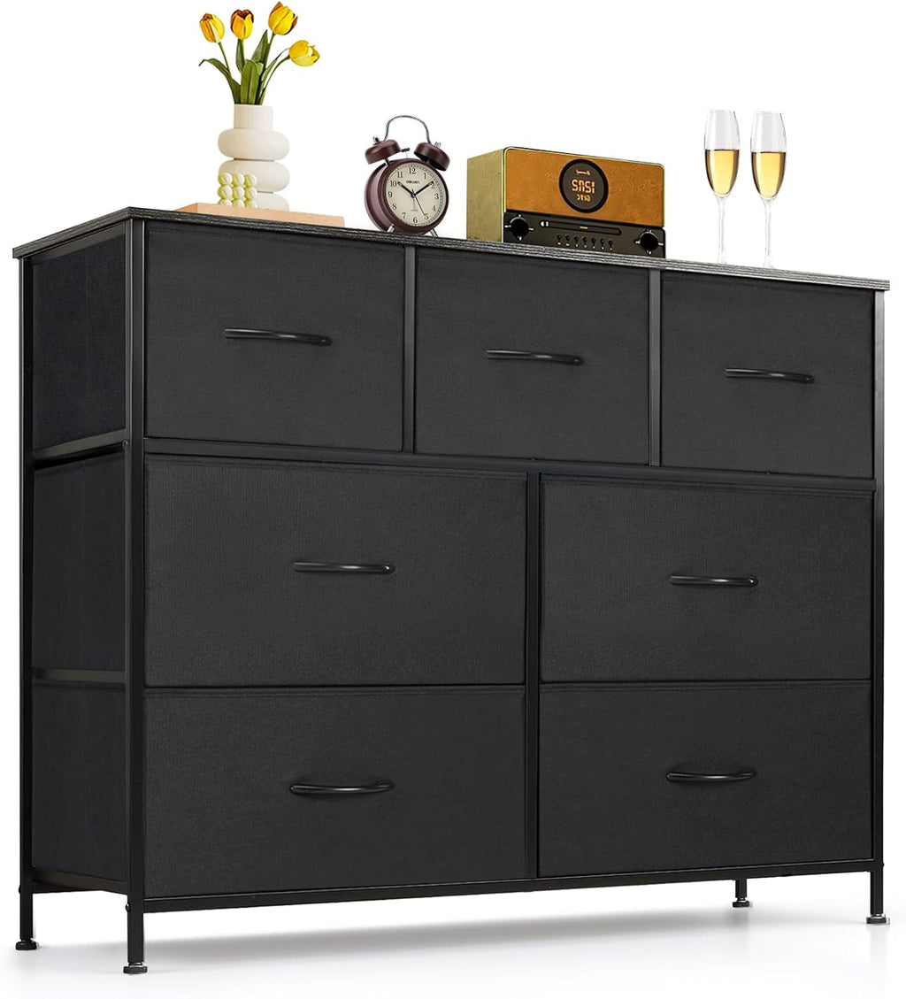 Skiennix 7-Drawer Dresser - Anti-Tip Fabric Storage Organizer with Wooden Top | Black for Bedroom & Living Room