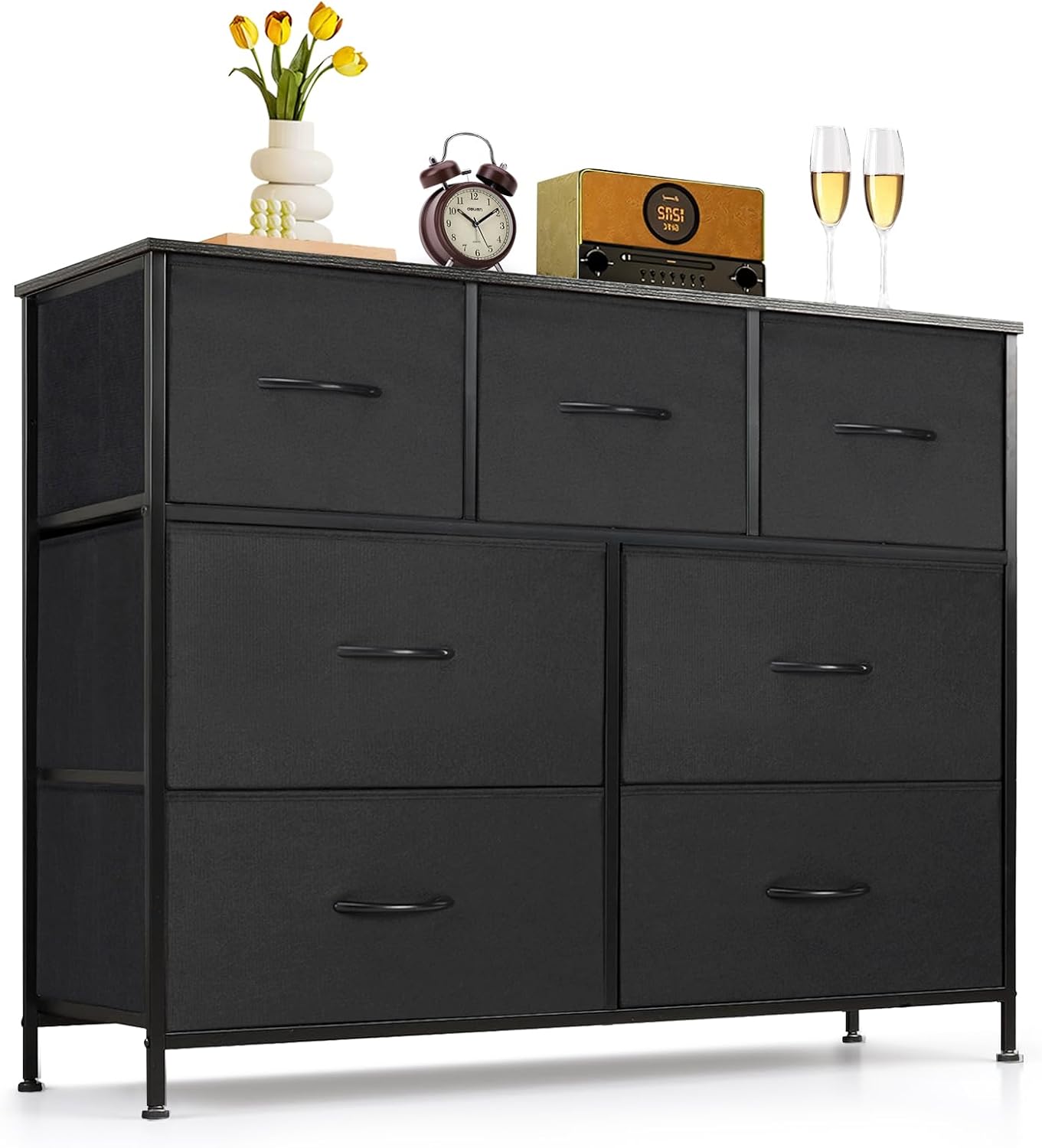 Skiennix 7-Drawer Dresser - Anti-Tip Fabric Storage Organizer with Wooden Top | Black for Bedroom & Living Room