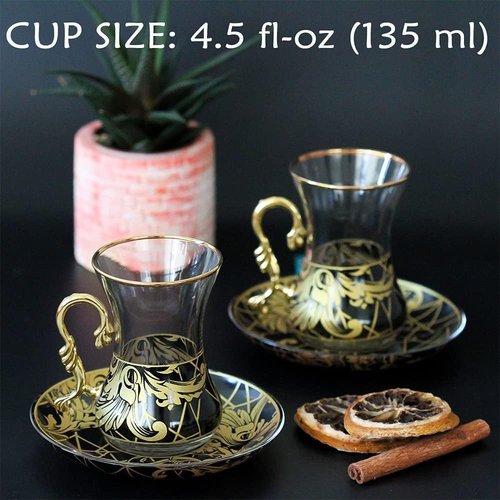 Vissmarta Gold Vintage Turkish Tea Glasses Cups and Saucers Set of 6 Drinking Glassware Party Adults Fancy Serving Coffee Tray Drinks Kettle Women Christmas Gift Teacup Handle Moroccan Drinkware Rim