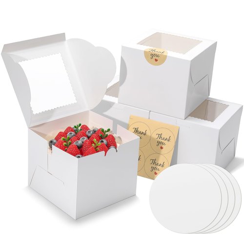EQOREIIN 4pcs 6 Inch Cake Boxes with Sticks and Boards for Cookies, Small Cakes, Mini Desserts, Bento, and Bakery, Cupcake Box for Birthday, Party, Wedding, Mother's Day, Christmas（6x6x5 inch）