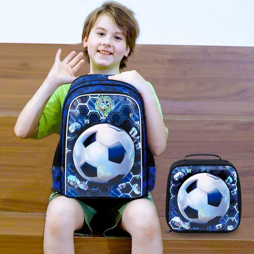 WZLVO 3PCS Football Backpack for Boys, 16'' Kids Soccer Bookbag with Lunch Box, Water Resistant School Backpacks for Preschool Elementary Kindergarten Travel