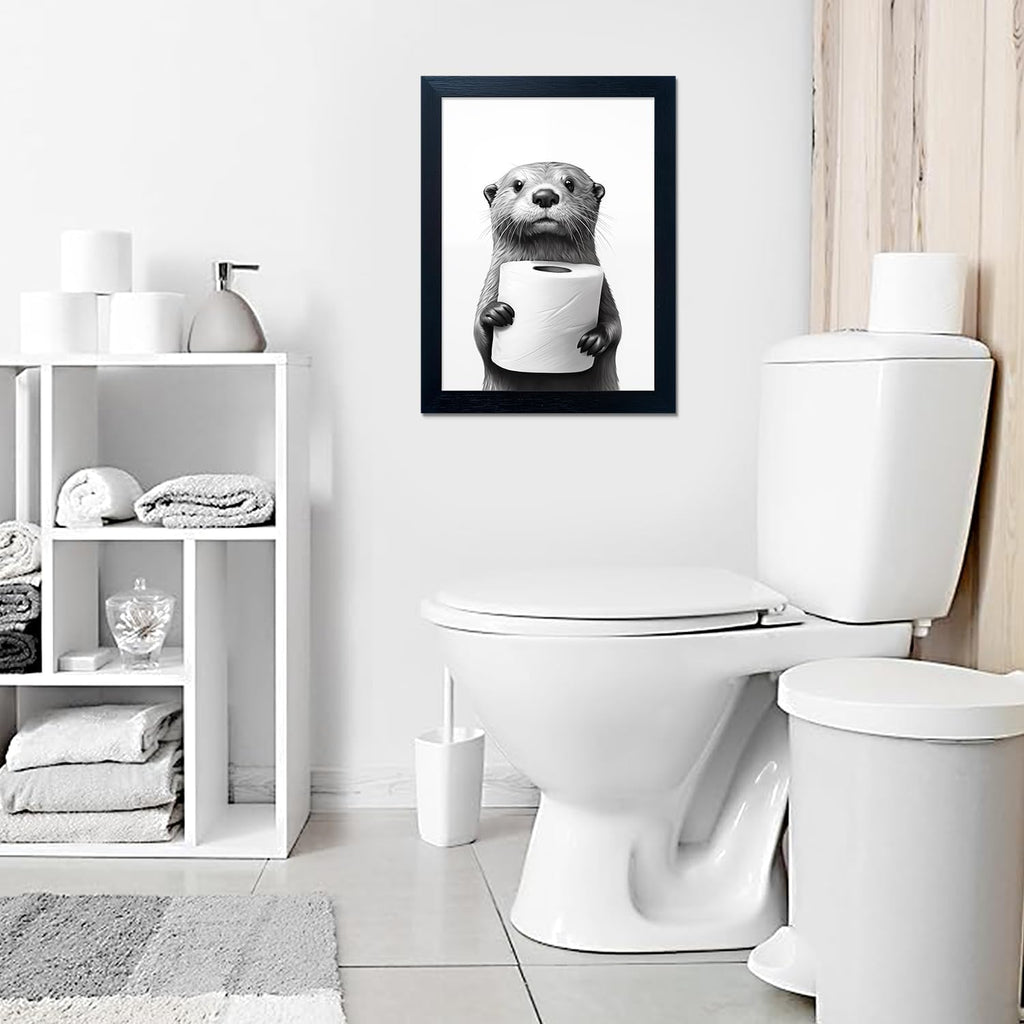 Raccoon Art | Funny Black and White Bathroom Wall Decor | Framed Animal Painting
