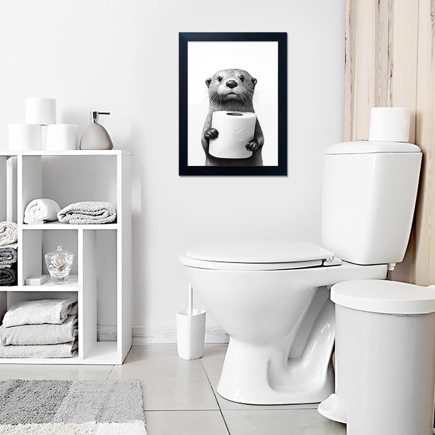 Raccoon Art | Funny Black and White Bathroom Wall Decor | Framed Animal Painting