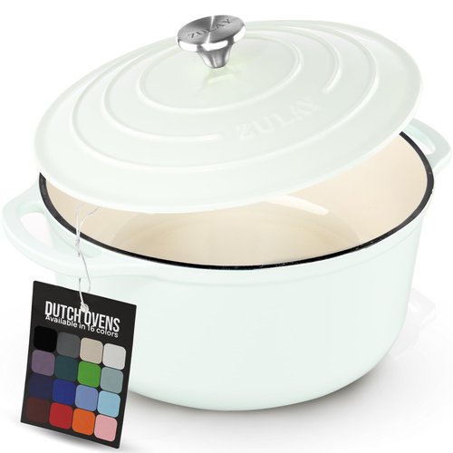 Zulay Kitchen 7.7 Quart Enameled Cast Iron Dutch Oven Pot with Lid – Premium Durability & Oven Safe up to 500°F – Heavy Duty Cookware Perfect for Bread Baking, Stews, Braising & Roasting – White