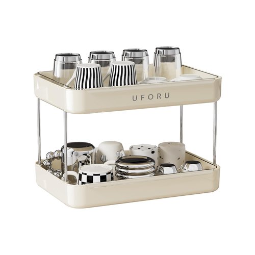 UFORU Countertop Coffee Station Organizer, 2 Tier Wine Glass Holder, Mug Shelf with Removable Drain Tray, Spice Rack for Kitchen, Bathroom Countertop Organizer, Cream White