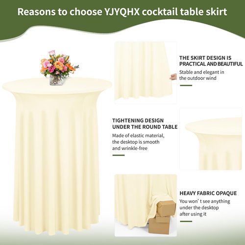 YJYQHYX 6 Packs Round Cocktail Table Skirt 32"x 43" Spandex Stretch Cocktail Table Cloths with Wavy Skirt, Spandex Fitted High Top Table Covers for Wedding Party Birthday Banquet Table (Beige)