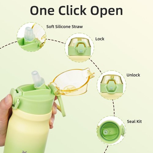 BJPKPK Insulated Water Bottle - 14oz Stainless Steel Flask with Straw, Leak-Proof Lid & Carry Handle | Lime