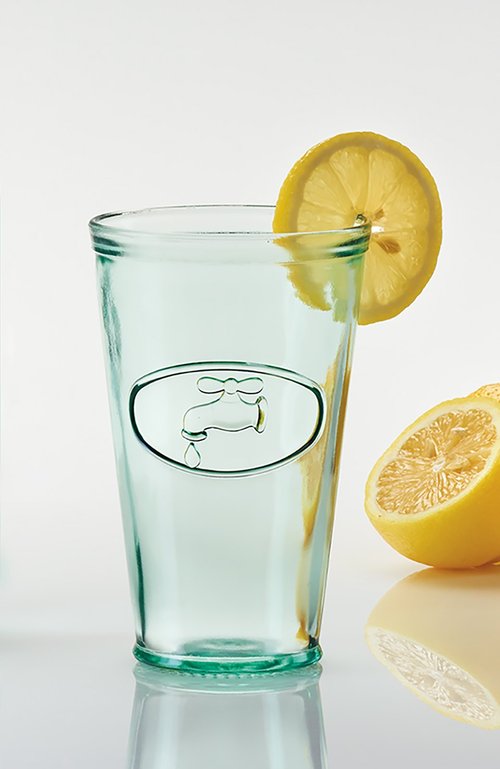 Amici Home Water Tap Hiball Glass | 16 Oz | Italian Made, Recycled Glass with Green Tint | Drinking Glass with Embossed Design for Water, Juice, Cocktails (Set of 6)