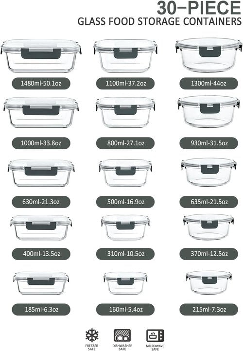 M MCIRCO Glass Food Storage Containers - 30-Piece Airtight Meal Prep Set | Snap Locking Lids, Microwave & Oven Safe