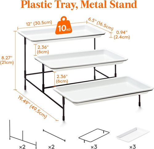 Lifewit 3-Tier Serving Tray - White Plastic Dessert Display Stand with Black Metal Frame | 30 x 17 cm