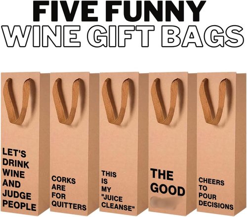 MilkToast Brands Set of 5 Funny Wine Gift Bags for Liquor & Wine Bottles - Reusable Wine Bags for Mother's Day, Birthdays, & Holidays - Sturdy Kraft Alcohol Gift Bag with Handles - 4.7″ x 3.5″ x 14″ Size