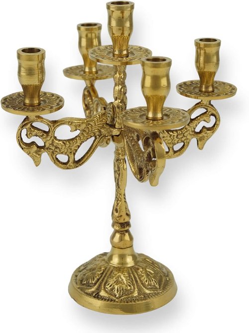 Home Icon Brass Candle Holder for 5 Candles - Includes Drip Trays for Altar & Prayer Corner