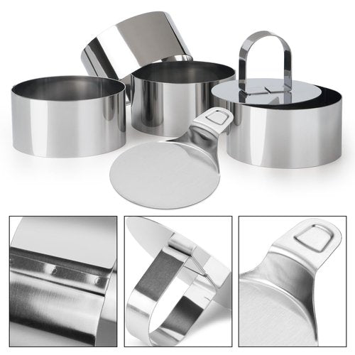HULISEN Round Cake Ring Mold Set, 3" Crumpet Rings, Stainless Steel Dessert Cooking Molds with Presser & Lifter, Ideal Tool for Mousse, Pastries, Pancakes, Salads