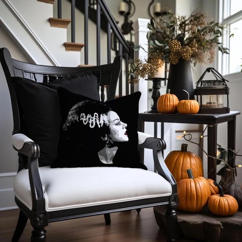 SCQIUSYA Valentine Frankenstein Pillow Covers 18x18, Black Goth Throw Pillows Set of 2, Bride of Frankenstein Spooky Horror Pillowcase for Gothic Home Bedding Couch Room