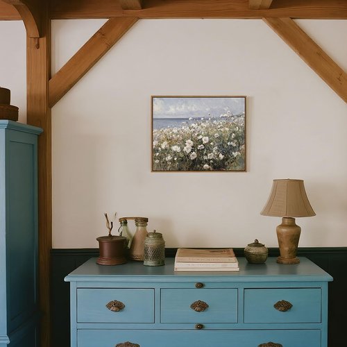 Framed Landscape Wall Art - Blue Ocean Theme with White Flowers | Abstract Floral Painting, 8x10 Inch