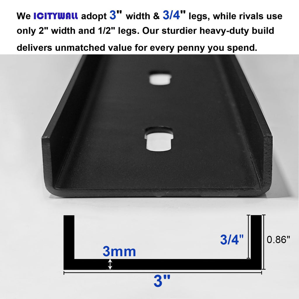 ICITYWALL 2 Pack 32" L x 3" W C Channel Steel Support, 3/4" Leg, Metal Support Bracing Hidden C Bracket for Table Top Live Edge Slab Woodworking, Black Coat Finish 6 Holes, Inserts & Bolts Included