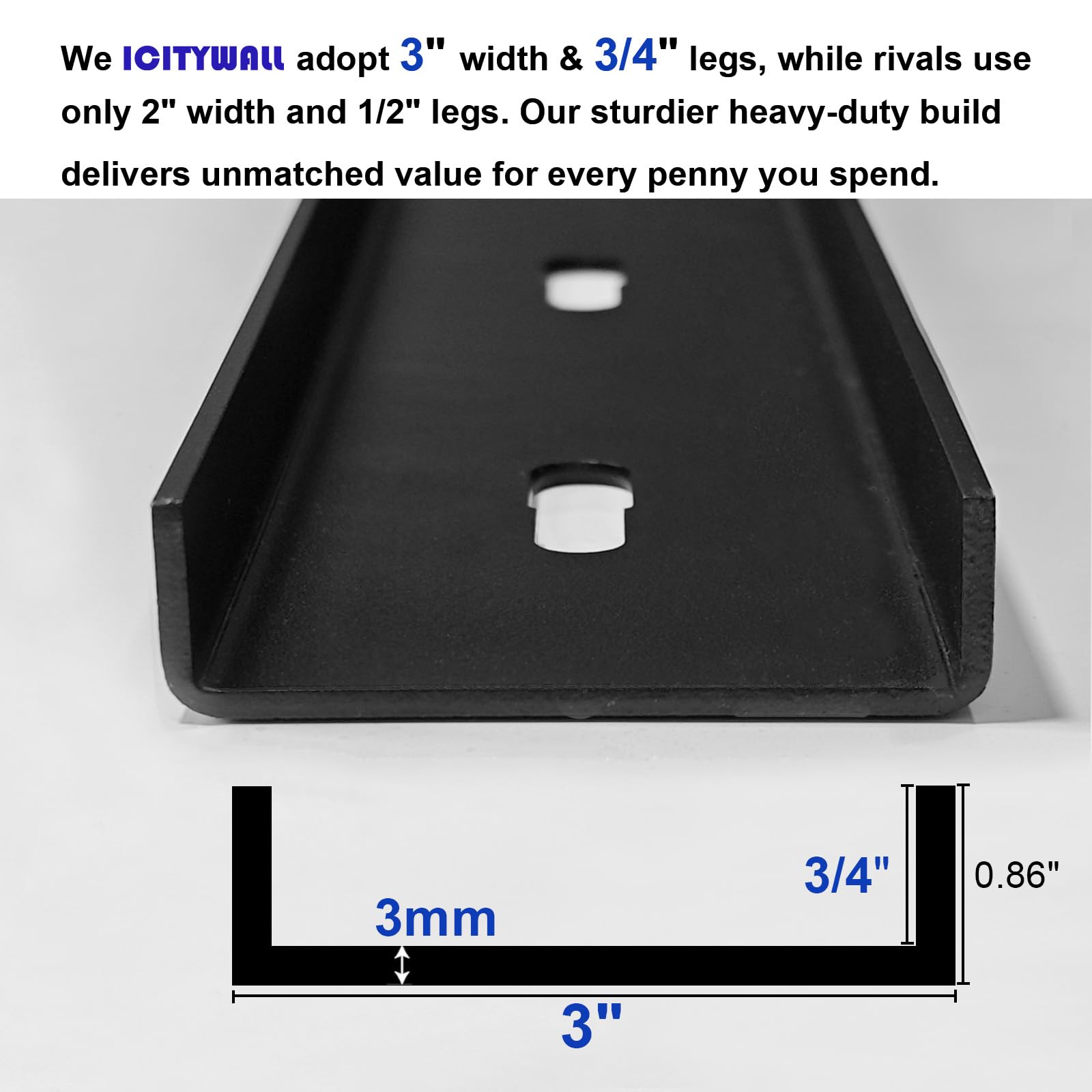 ICITYWALL 2 Pack 32" L x 3" W C Channel Steel Support, 3/4" Leg, Metal Support Bracing Hidden C Bracket for Table Top Live Edge Slab Woodworking, Black Coat Finish 6 Holes, Inserts & Bolts Included
