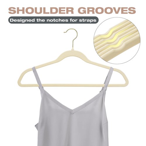 Uinicor 50 Pack Beige Velvet Hangers,Non Slip,Heavy-Duty,Slim,Space Saving,with Felt Surface and Gold 360°Swivel Hook,for Pants,Outfit,Skirts,Suits,Coats,Dresses ect.