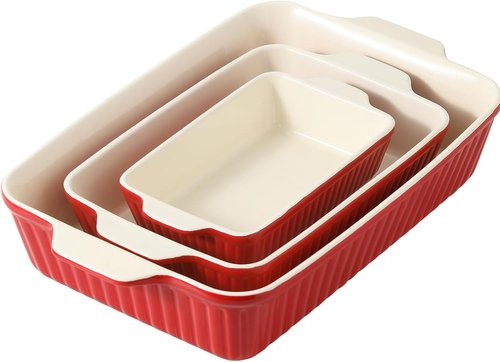 DOWAN Casserole Dishes - Set of 3 Rectangular Ceramic Baking Dishes | 135 oz Capacity, Red (15.6''/12.2''/8.9'')