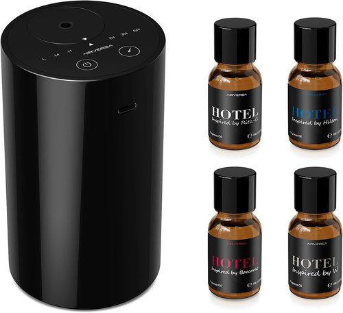 Airversa Waterless Essential Oil Diffuser - Portable Mini Scent Machine with 4 x 10mL Fragrance Oils | Black AN8 Kit