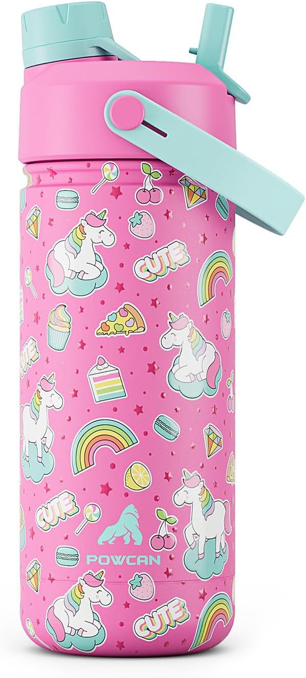 Skiennix 18 oz Kids Water Bottle - Leakproof Insulated Cup with 2-in-1 Straw Lid | Cute Unicorn Design, BPA-Free