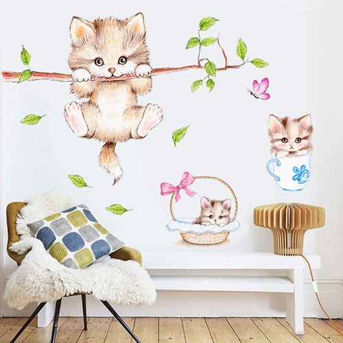 Kiddale Cute Cat Wall Decals,Removable Cat Tree Branches Butterfly Wall Stickers for Kids Rooms Nursery Playroom Home Decoration