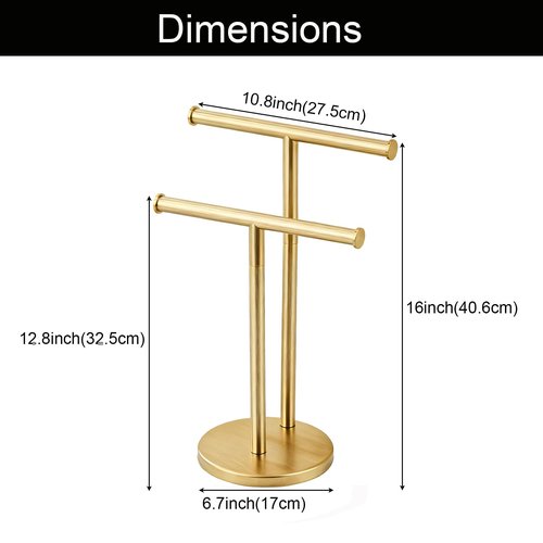 Hand Towel Holder, NEWRAIN Double Countertop Hand Towel Holder Stand, Stainless Steel Free Standing Hand Towel Rack with Heavy Base, for Bathroom Kitchen & Counter top, Brushed Gold