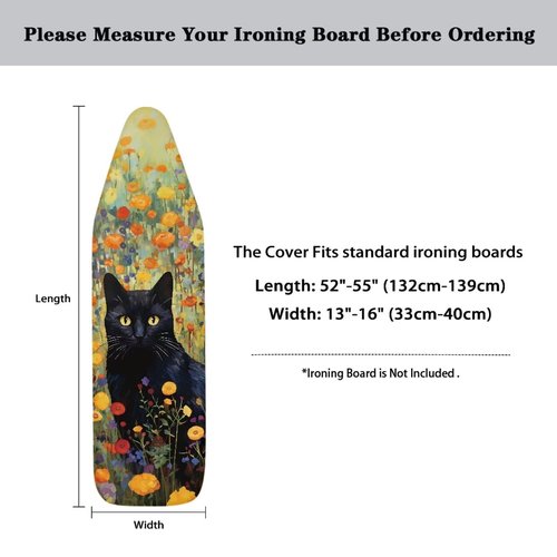 GLENLCWE Black Cat Floral Ironing Board Cover Standard Sizes 15x54 Inch,Cute Cat Print Iron Board Cover Replacement Protector with Elastic Edge and Hook and Loop