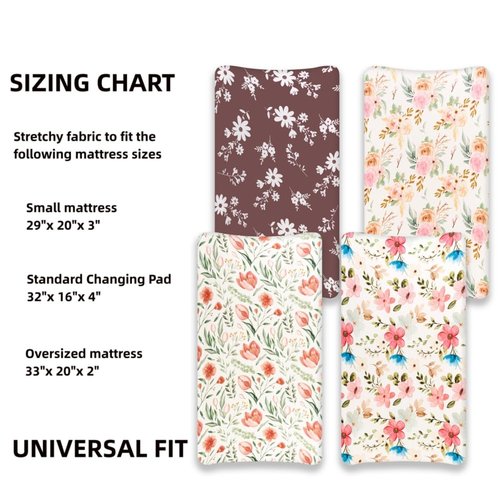 4 Pack Baby Girl Changing Pad Covers Sheets Set Soft Fitted Floral or Elephant Theme Baby Girl Mattress Covers Breathable Toddler Bed Sheets for Infant or Newborn Girls (Flower, Changing Pad Covers)